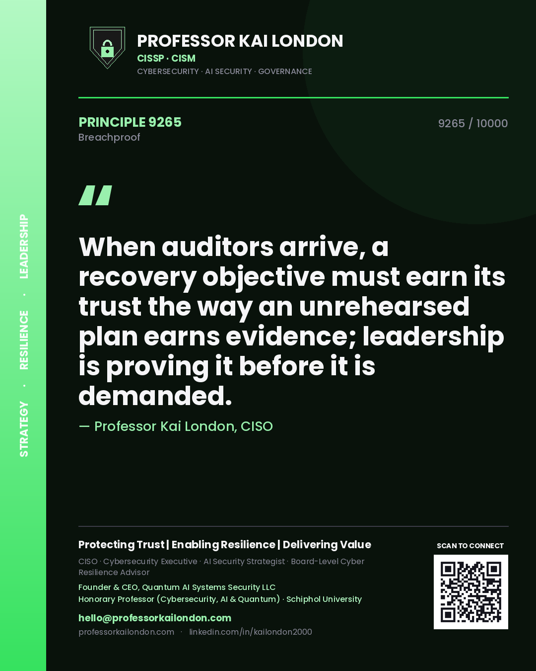 Professor Kai London principle 9265: When auditors arrive, a recovery objective must earn its trust the way an unrehearsed plan earns evidence; leadership is proving it before it is demanded.
