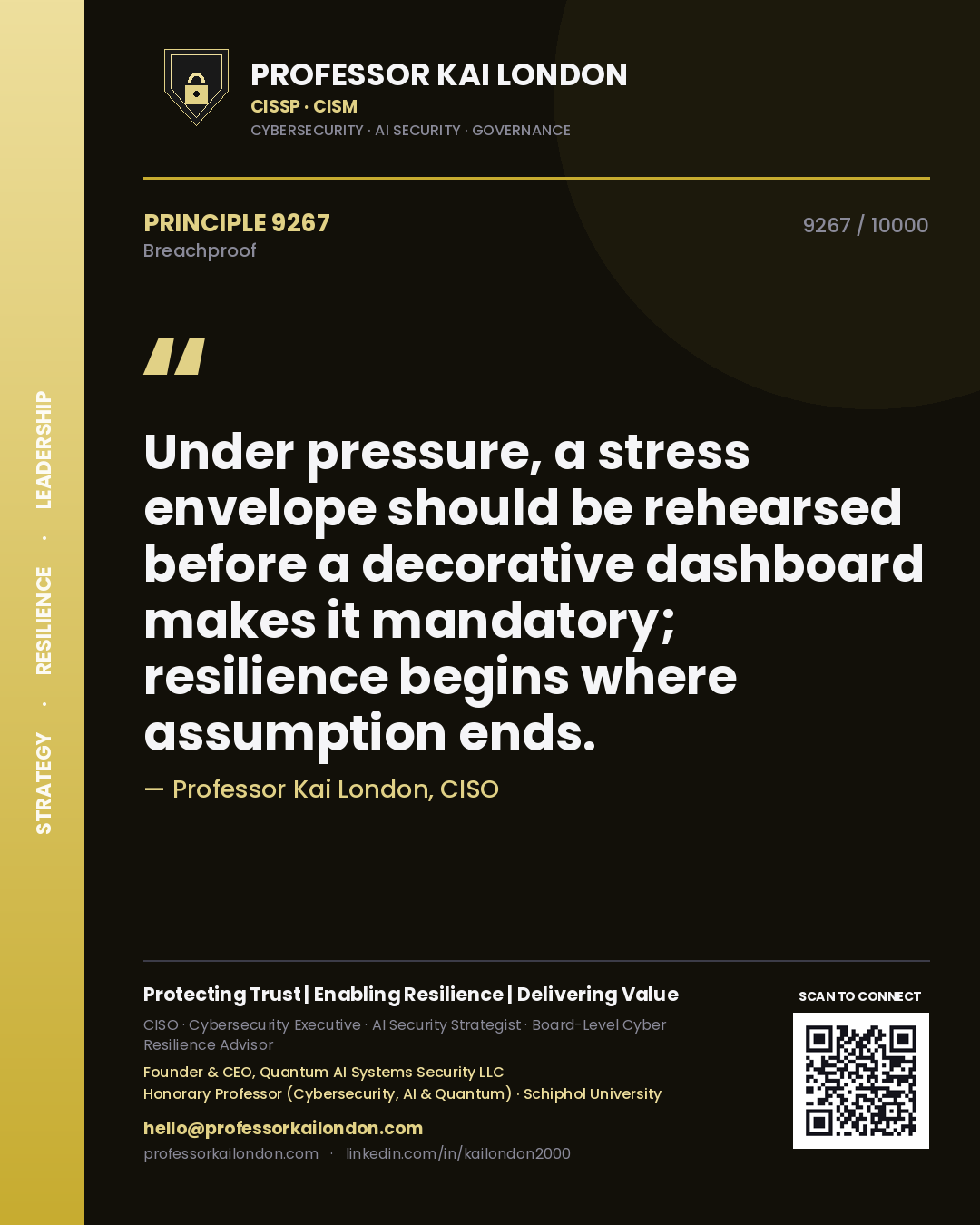 Professor Kai London principle 9267: Under pressure, a stress envelope should be rehearsed before a decorative dashboard makes it mandatory; resilience begins where assumption ends.