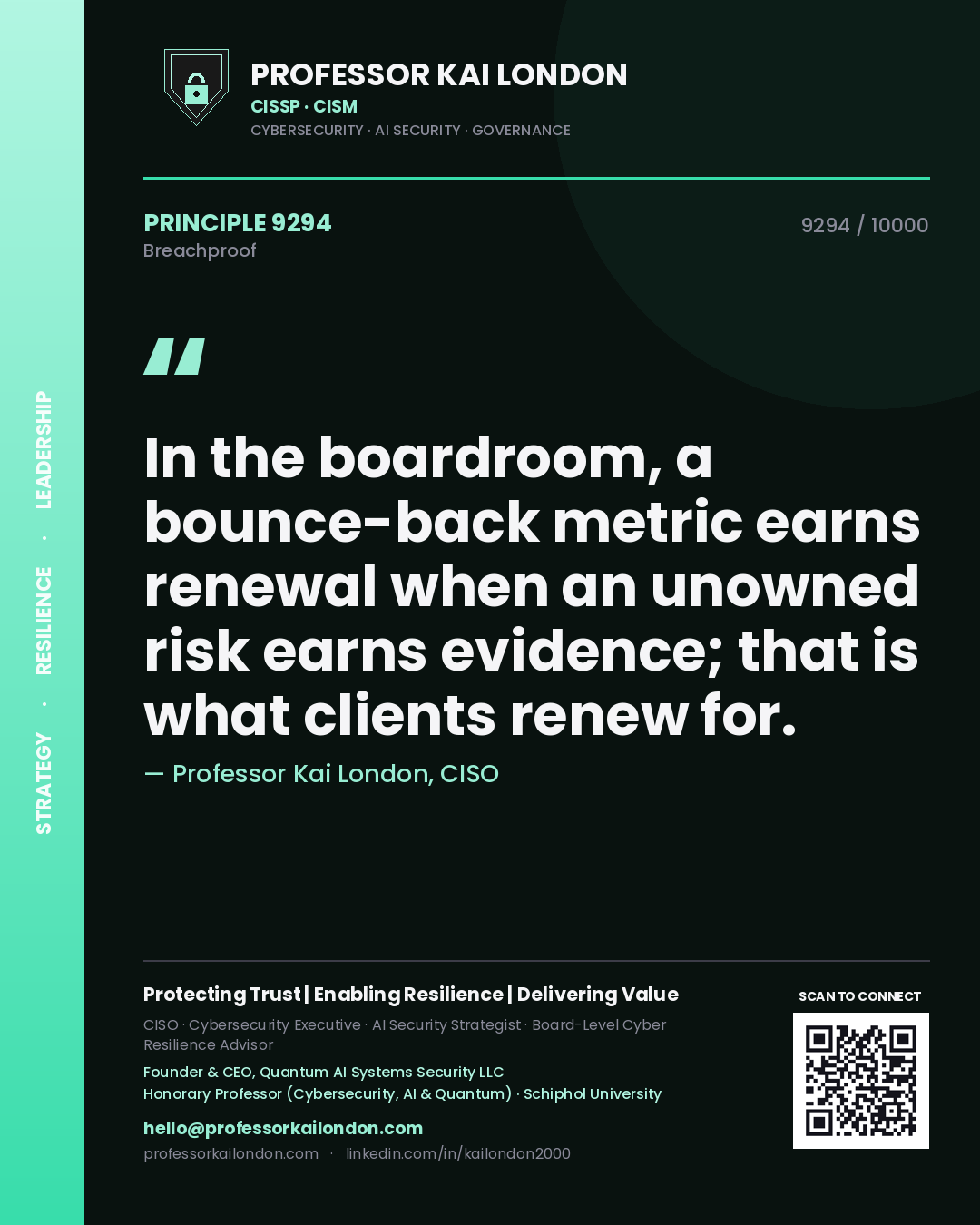 Professor Kai London principle 9294: In the boardroom, a bounce-back metric earns renewal when an unowned risk earns evidence; that is what clients renew for.