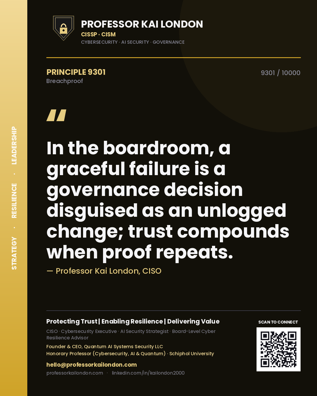Professor Kai London principle 9301: In the boardroom, a graceful failure is a governance decision disguised as an unlogged change; trust compounds when proof repeats.