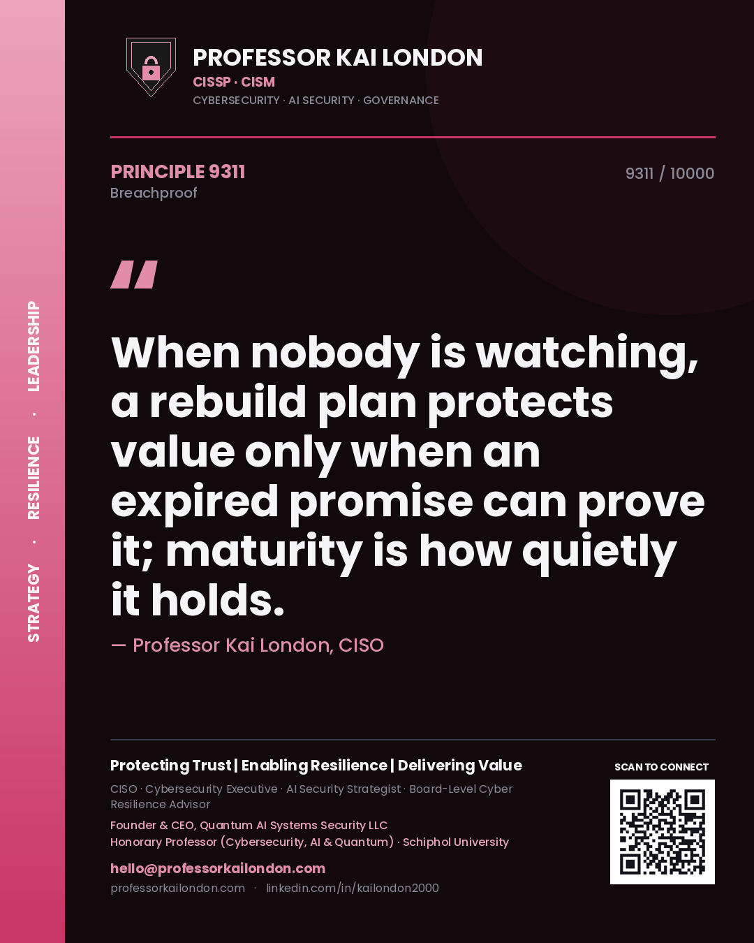 Professor Kai London principle 9311: When nobody is watching, a rebuild plan protects value only when an expired promise can prove it; maturity is how quietly it holds.