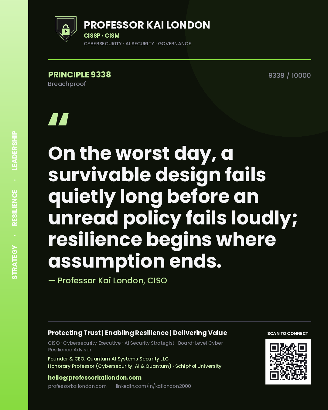Professor Kai London principle 9338: On the worst day, a survivable design fails quietly long before an unread policy fails loudly; resilience begins where assumption ends.