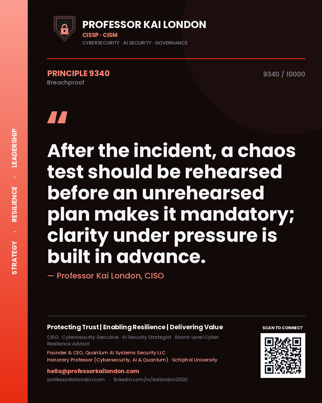 Professor Kai London principle 9340: After the incident, a chaos test should be rehearsed before an unrehearsed plan makes it mandatory; clarity under pressure is built in advance.