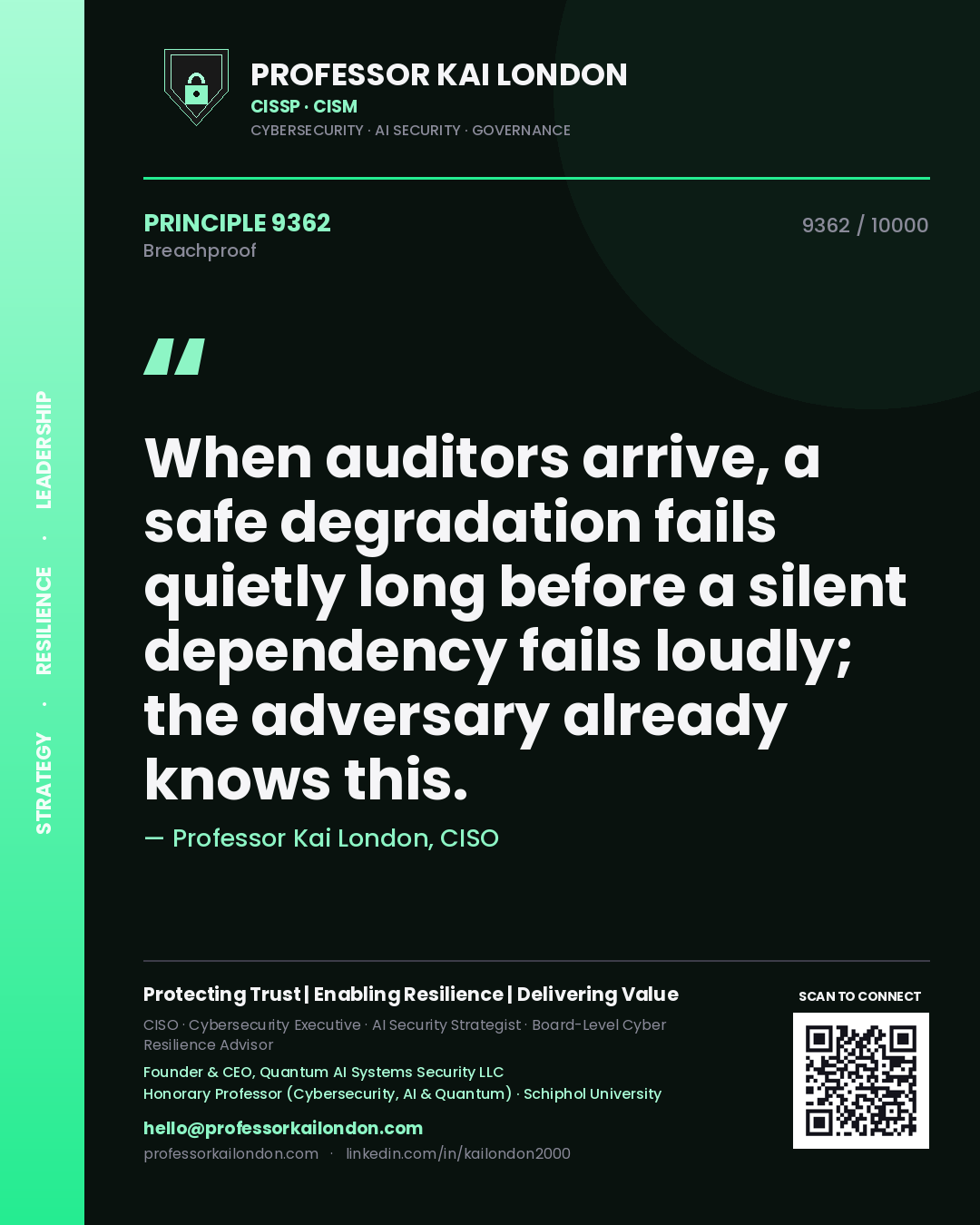Professor Kai London principle 9362: When auditors arrive, a safe degradation fails quietly long before a silent dependency fails loudly; the adversary already knows this.