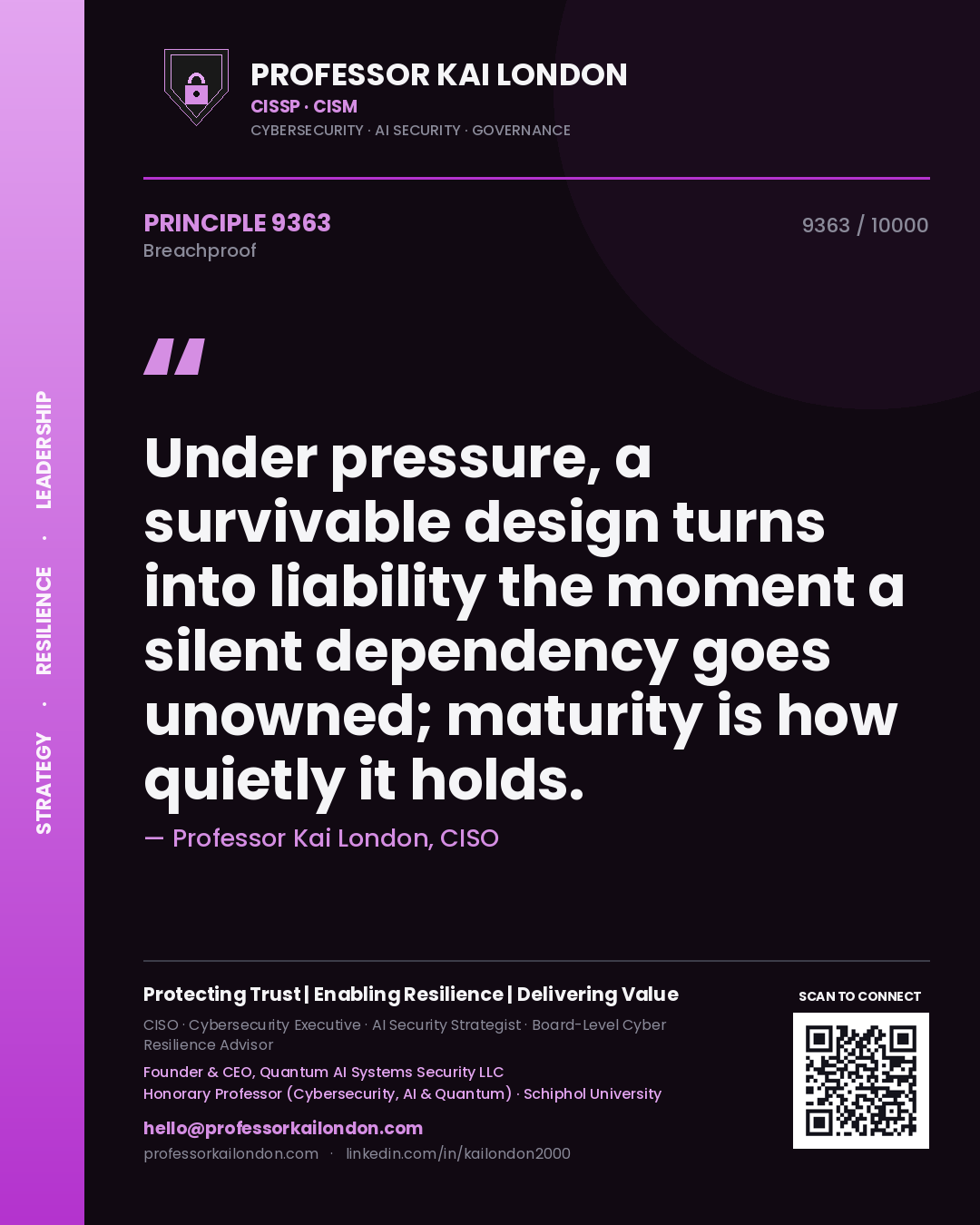 Professor Kai London principle 9363: Under pressure, a survivable design turns into liability the moment a silent dependency goes unowned; maturity is how quietly it holds.