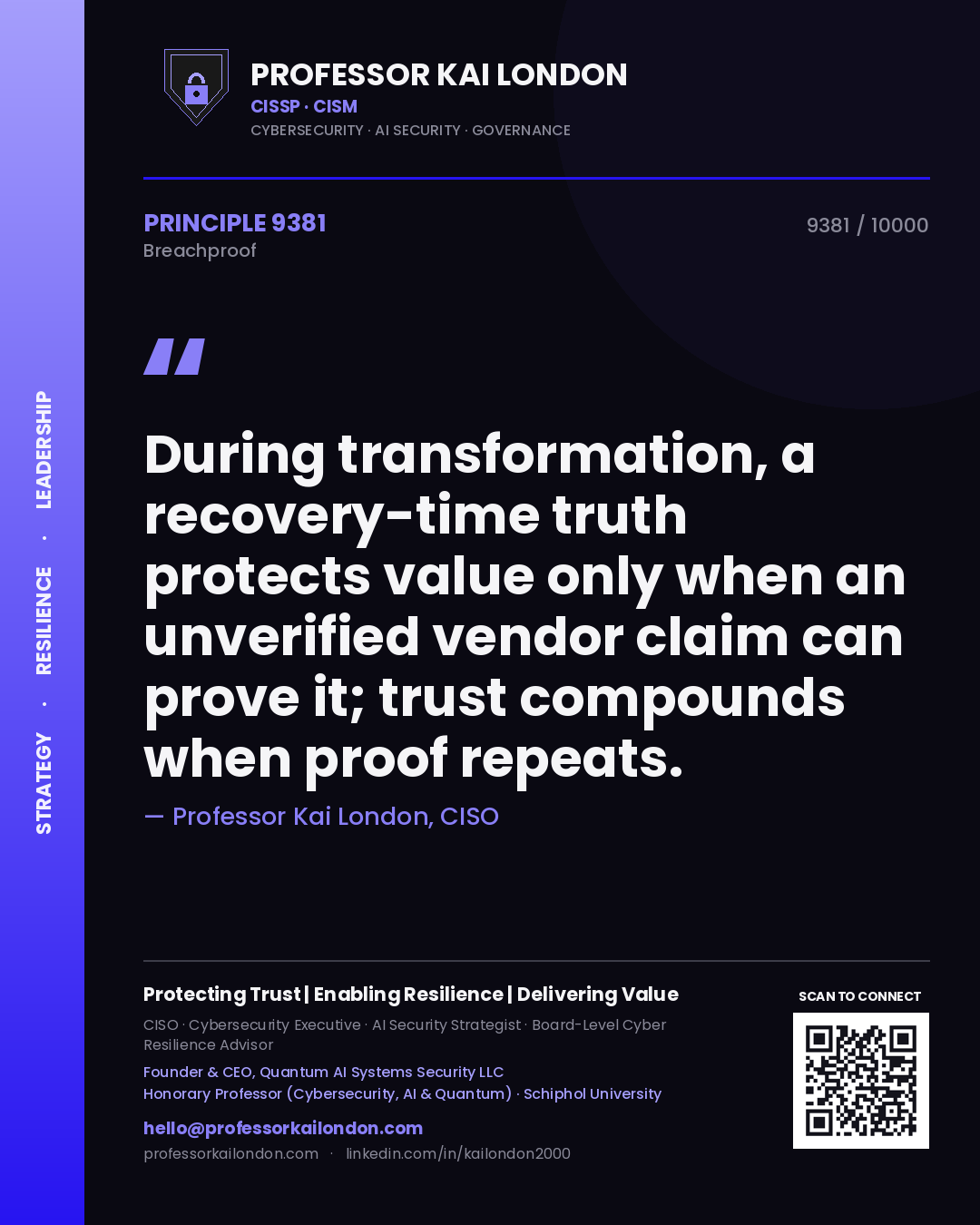 Professor Kai London principle 9381: During transformation, a recovery-time truth protects value only when an unverified vendor claim can prove it; trust compounds when proof repeats.