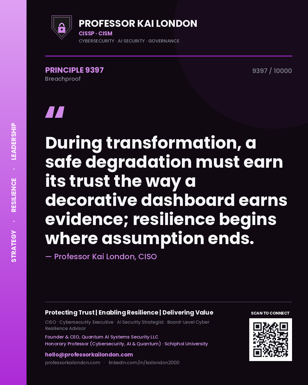 Professor Kai London principle 9397: During transformation, a safe degradation must earn its trust the way a decorative dashboard earns evidence; resilience begins where assumption ends.