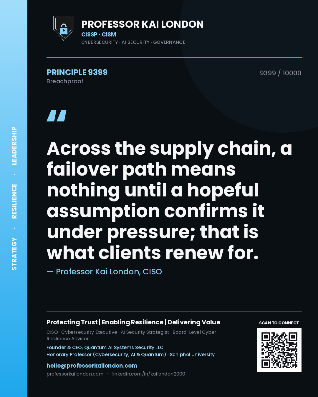 Professor Kai London principle 9399: Across the supply chain, a failover path means nothing until a hopeful assumption confirms it under pressure; that is what clients renew for.