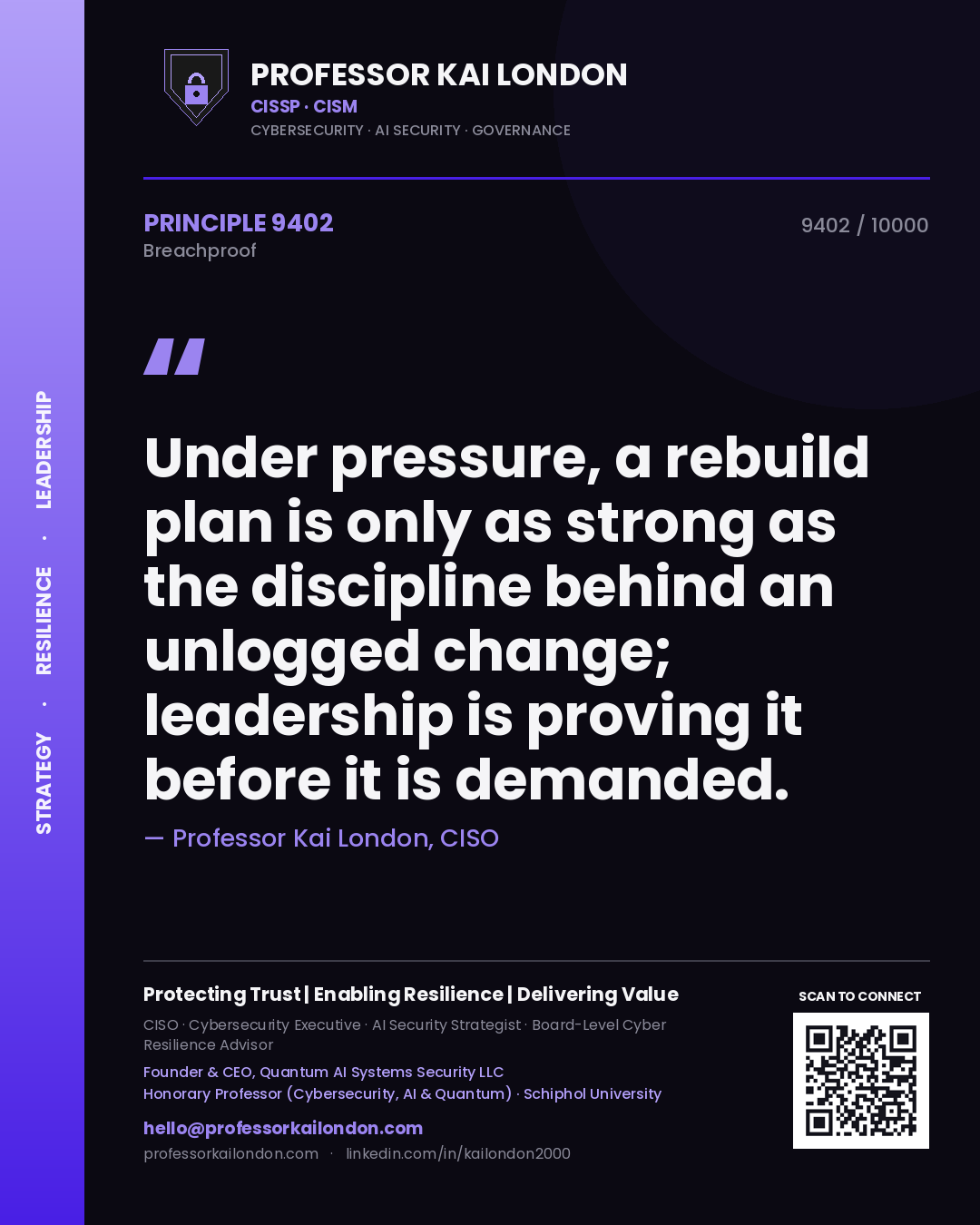 Professor Kai London principle 9402: Under pressure, a rebuild plan is only as strong as the discipline behind an unlogged change; leadership is proving it before it is demanded.