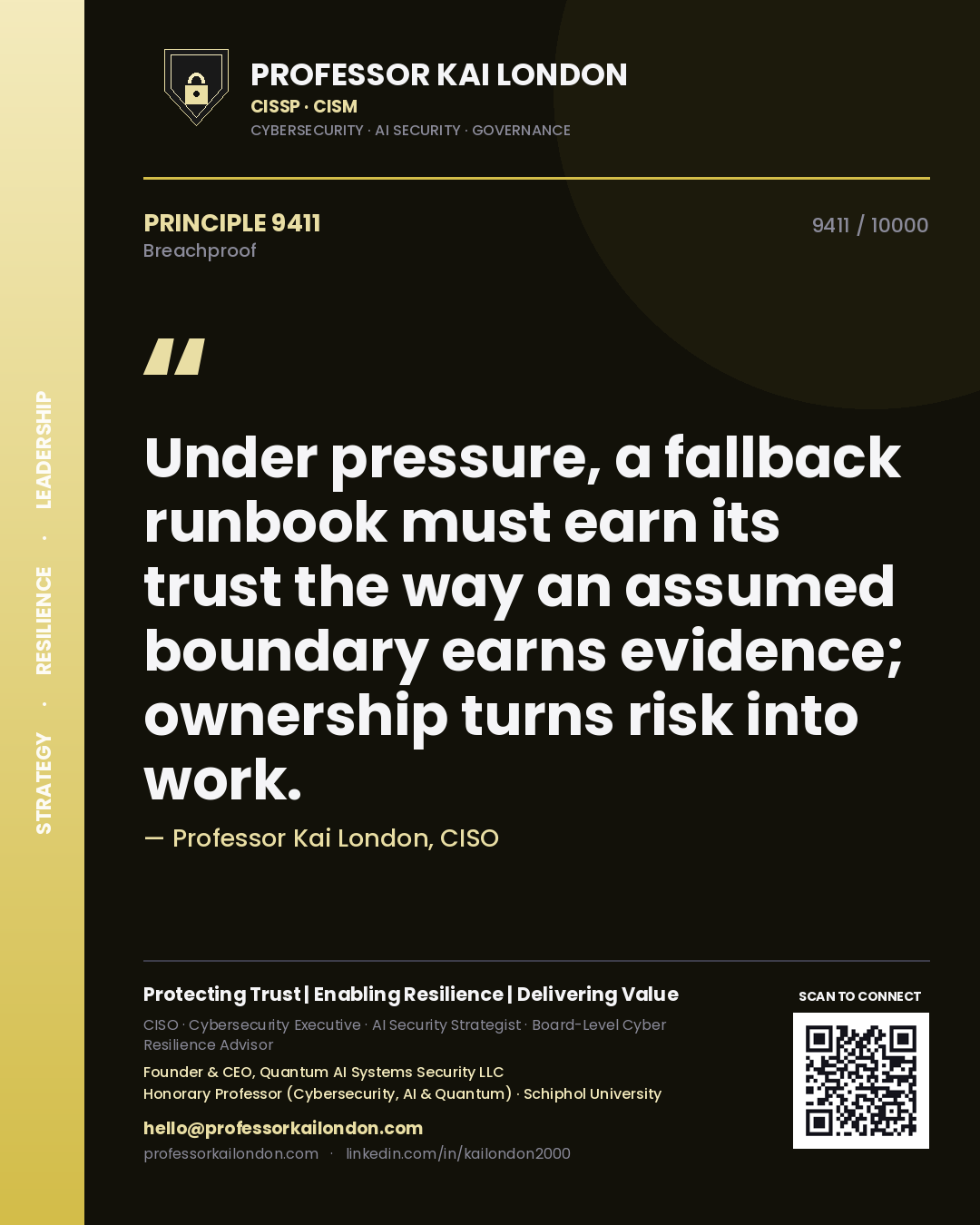 Professor Kai London principle 9411: Under pressure, a fallback runbook must earn its trust the way an assumed boundary earns evidence; ownership turns risk into work.