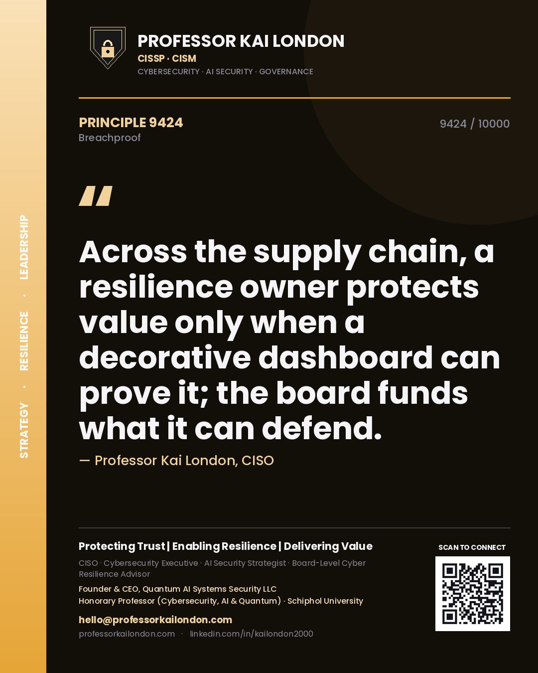 Professor Kai London principle 9424: Across the supply chain, a resilience owner protects value only when a decorative dashboard can prove it; the board funds what it can defend.