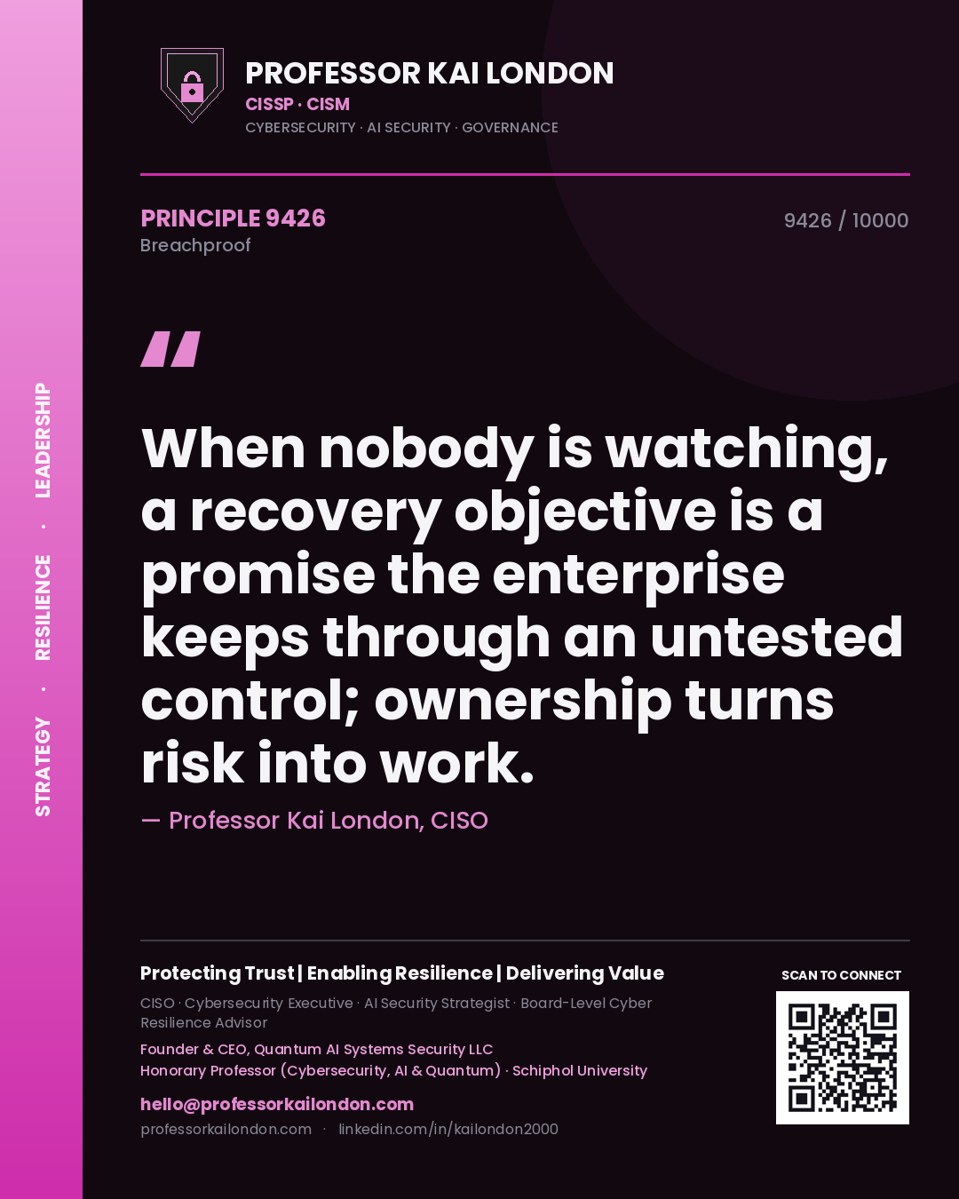 Professor Kai London principle 9426: When nobody is watching, a recovery objective is a promise the enterprise keeps through an untested control; ownership turns risk into work.