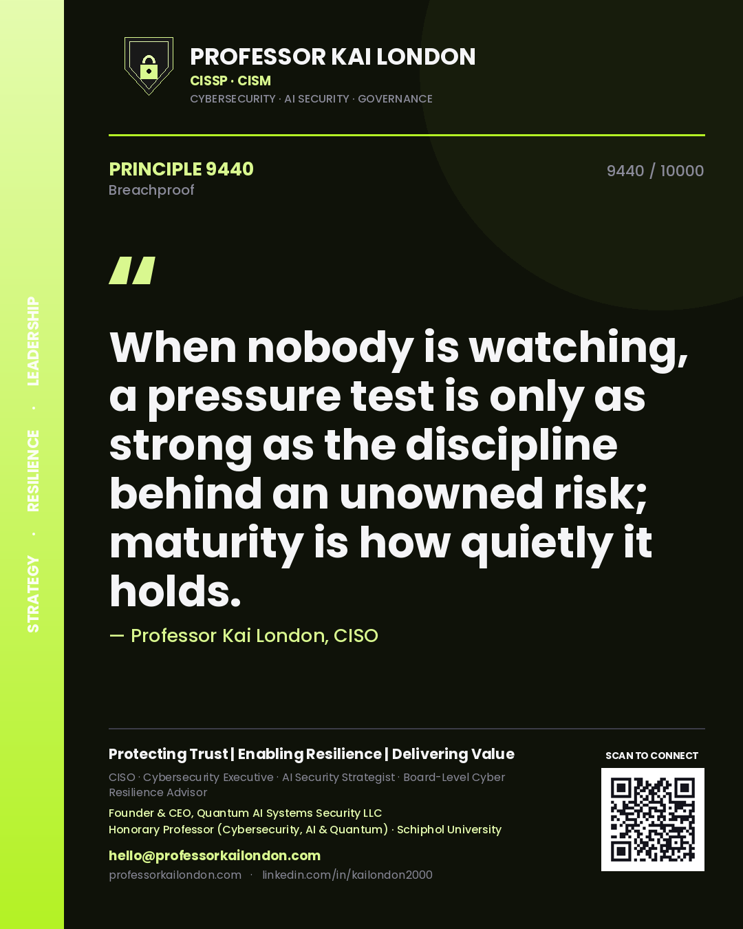 Professor Kai London principle 9440: When nobody is watching, a pressure test is only as strong as the discipline behind an unowned risk; maturity is how quietly it holds.