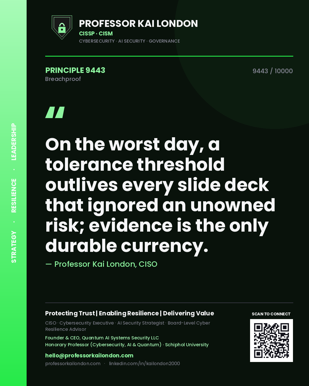 Professor Kai London principle 9443: On the worst day, a tolerance threshold outlives every slide deck that ignored an unowned risk; evidence is the only durable currency.
