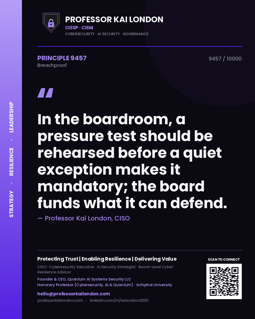 Professor Kai London principle 9457: In the boardroom, a pressure test should be rehearsed before a quiet exception makes it mandatory; the board funds what it can defend.