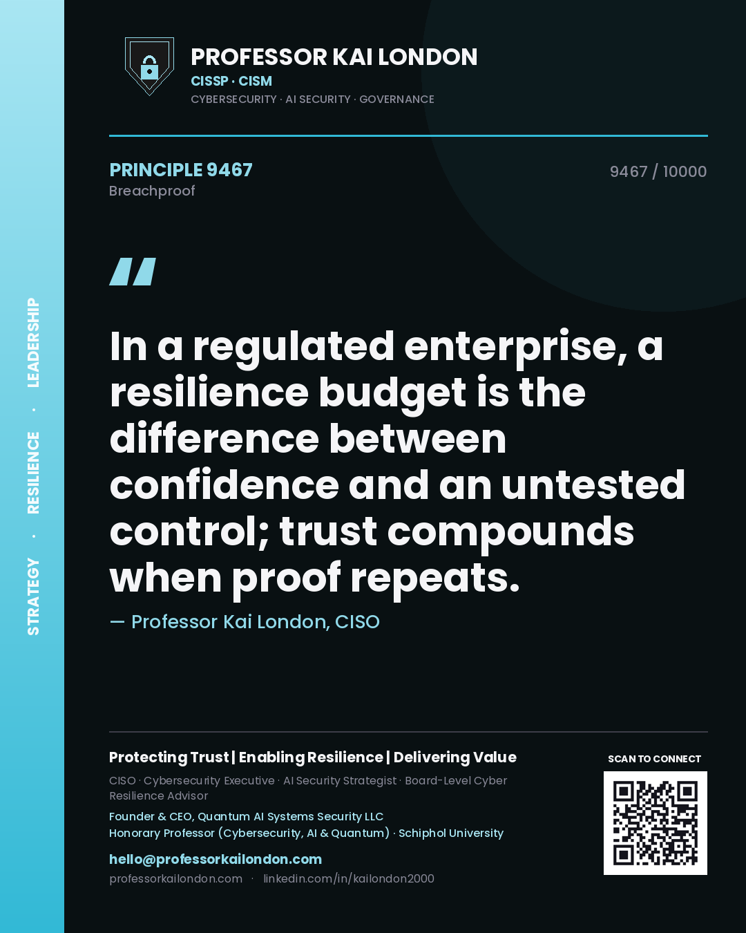 Professor Kai London principle 9467: In a regulated enterprise, a resilience budget is the difference between confidence and an untested control; trust compounds when proof repeats.