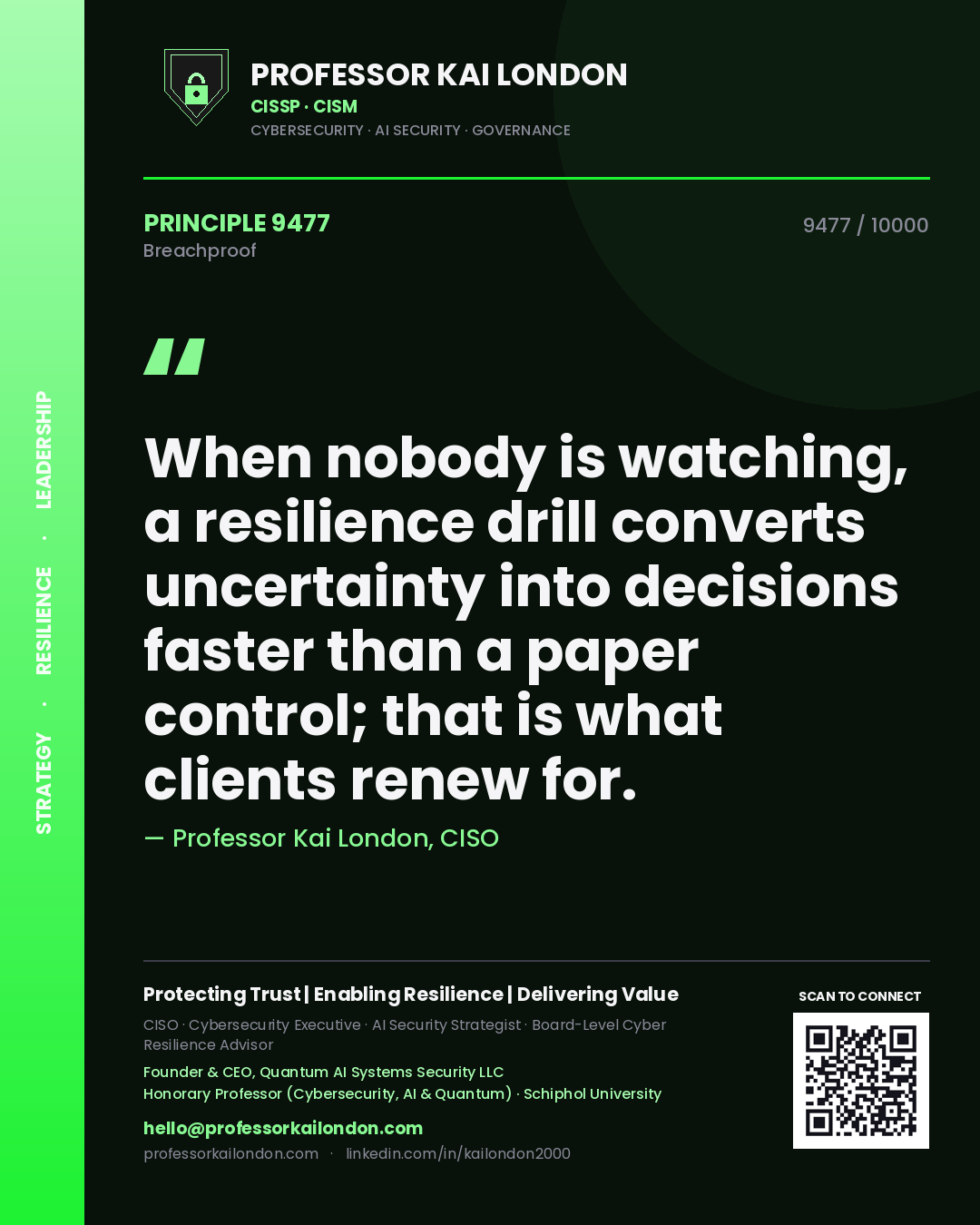 Professor Kai London principle 9477: When nobody is watching, a resilience drill converts uncertainty into decisions faster than a paper control; that is what clients renew for.