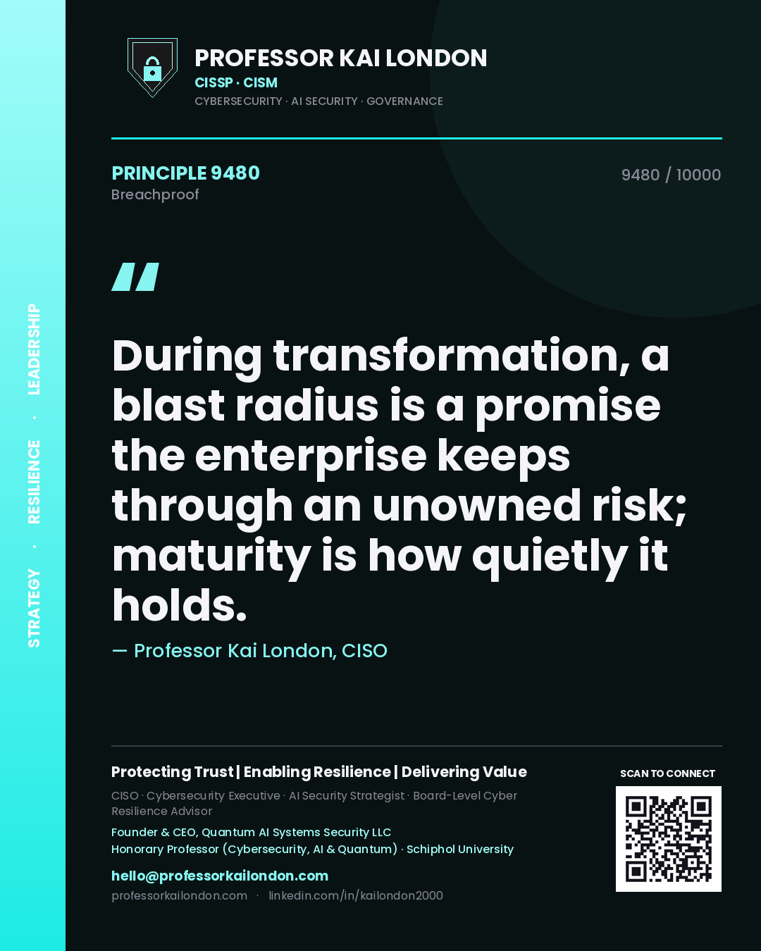 Professor Kai London principle 9480: During transformation, a blast radius is a promise the enterprise keeps through an unowned risk; maturity is how quietly it holds.