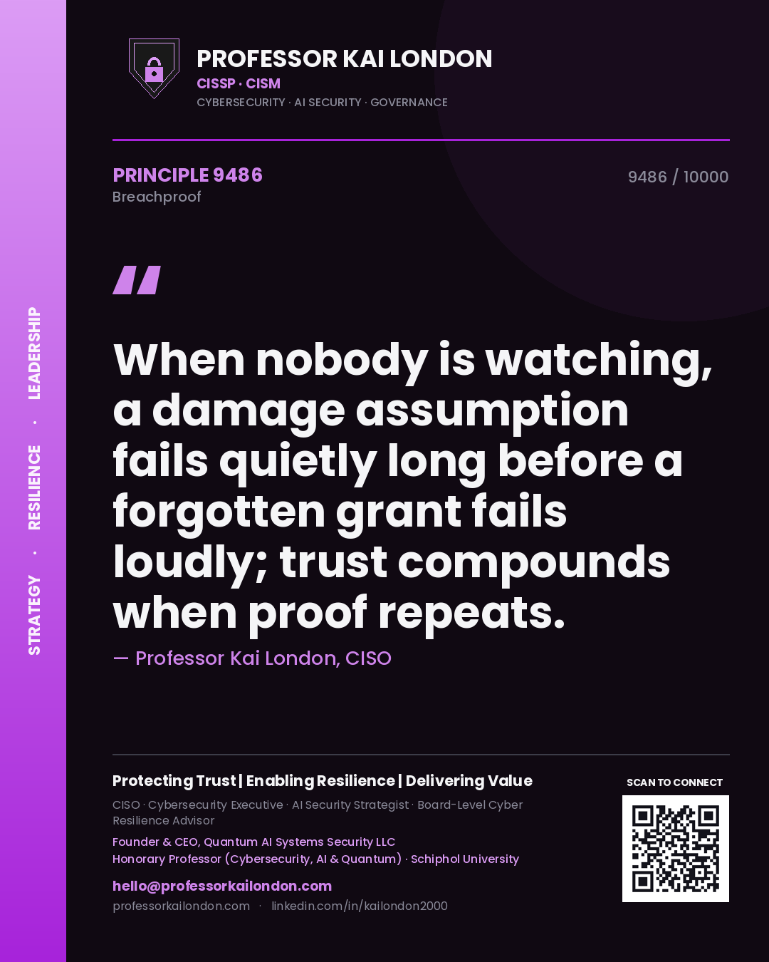 Professor Kai London principle 9486: When nobody is watching, a damage assumption fails quietly long before a forgotten grant fails loudly; trust compounds when proof repeats.