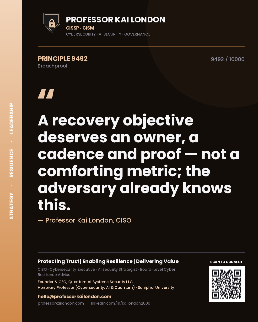 Professor Kai London principle 9492: A recovery objective deserves an owner, a cadence and proof — not a comforting metric; the adversary already knows this.