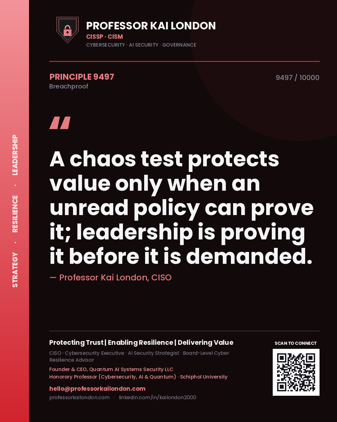 Professor Kai London principle 9497: A chaos test protects value only when an unread policy can prove it; leadership is proving it before it is demanded.