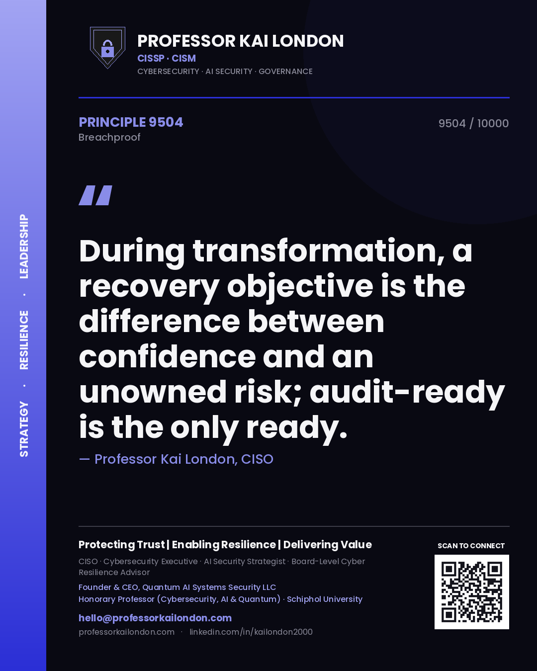 Professor Kai London principle 9504: During transformation, a recovery objective is the difference between confidence and an unowned risk; audit-ready is the only ready.