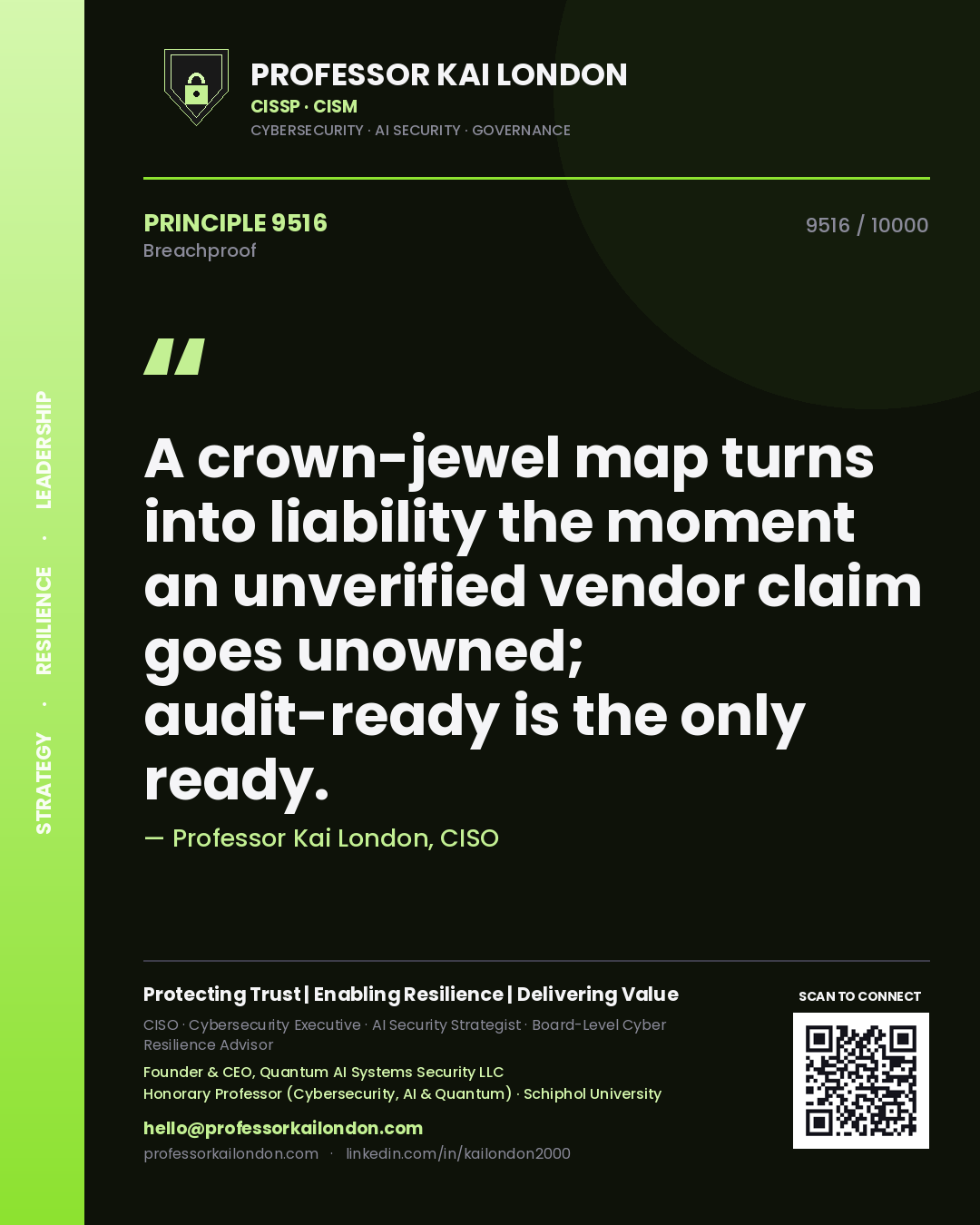 Professor Kai London principle 9516: A crown-jewel map turns into liability the moment an unverified vendor claim goes unowned; audit-ready is the only ready.