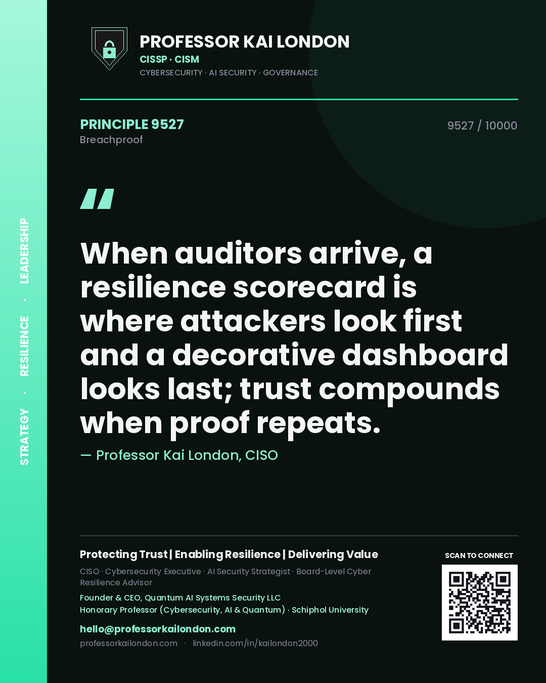Professor Kai London principle 9527: When auditors arrive, a resilience scorecard is where attackers look first and a decorative dashboard looks last; trust compounds when proof repeats.