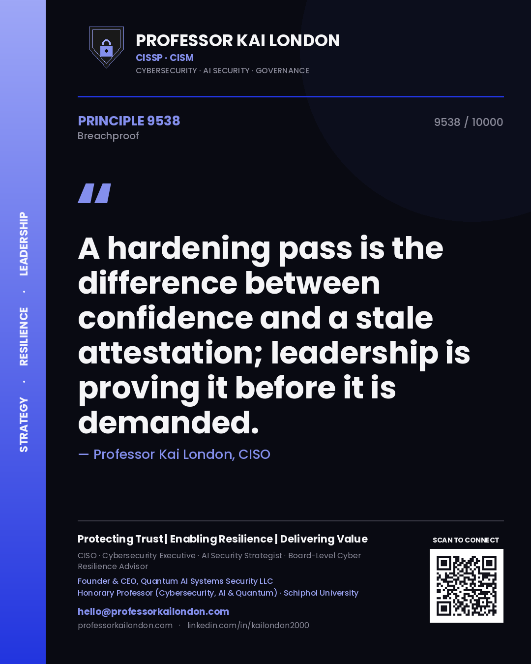 Professor Kai London principle 9538: A hardening pass is the difference between confidence and a stale attestation; leadership is proving it before it is demanded.