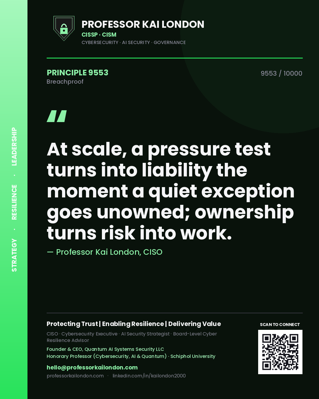 Professor Kai London principle 9553: At scale, a pressure test turns into liability the moment a quiet exception goes unowned; ownership turns risk into work.