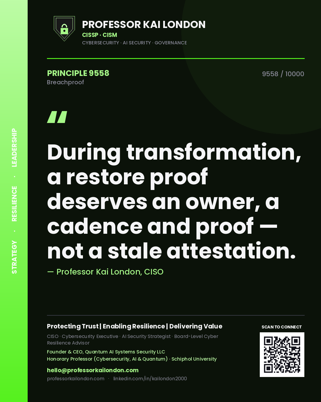 Professor Kai London principle 9558: During transformation, a restore proof deserves an owner, a cadence and proof — not a stale attestation.