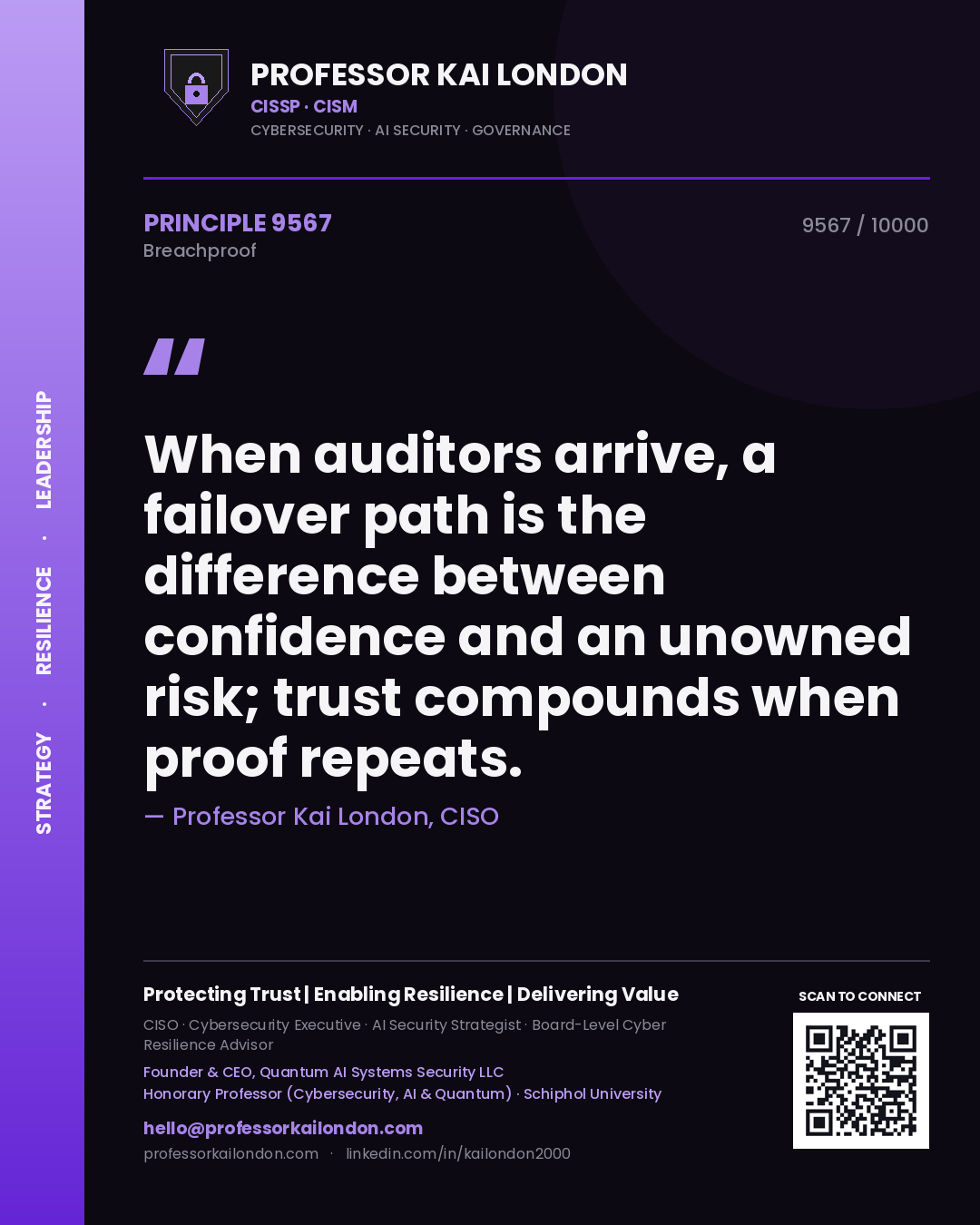 Professor Kai London principle 9567: When auditors arrive, a failover path is the difference between confidence and an unowned risk; trust compounds when proof repeats.