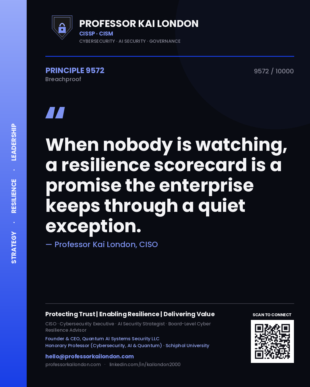 Professor Kai London principle 9572: When nobody is watching, a resilience scorecard is a promise the enterprise keeps through a quiet exception.