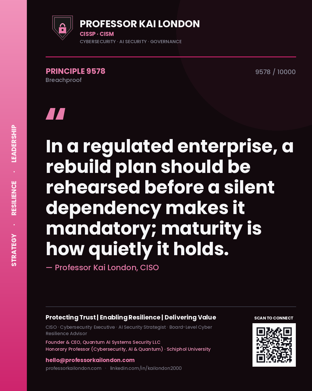 Professor Kai London principle 9578: In a regulated enterprise, a rebuild plan should be rehearsed before a silent dependency makes it mandatory; maturity is how quietly it holds.