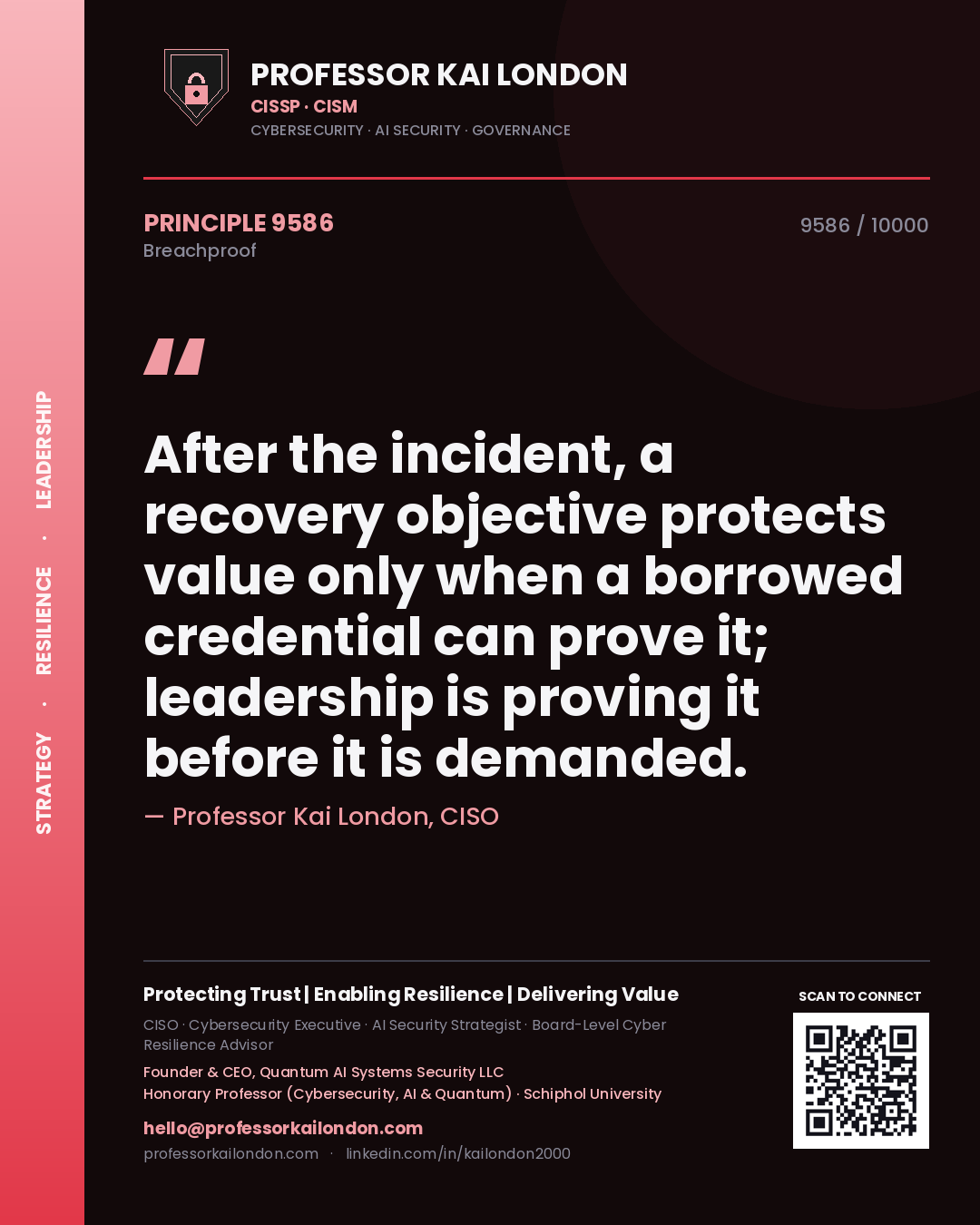 Professor Kai London principle 9586: After the incident, a recovery objective protects value only when a borrowed credential can prove it; leadership is proving it before it is demanded.