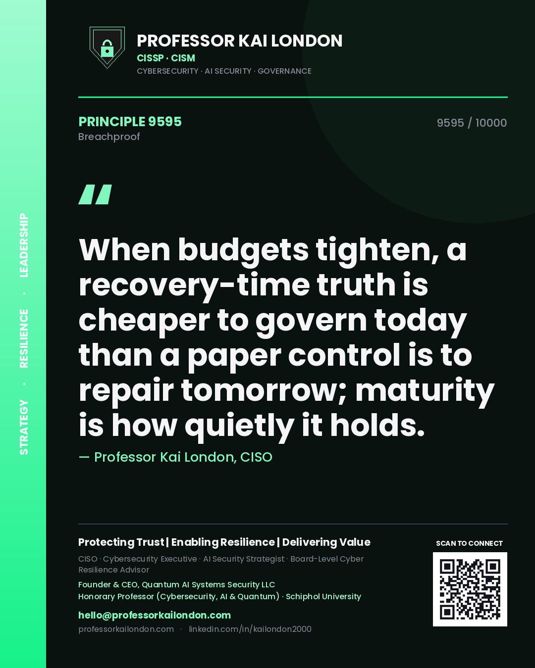 Professor Kai London principle 9595: When budgets tighten, a recovery-time truth is cheaper to govern today than a paper control is to repair tomorrow; maturity is how quietly it holds.