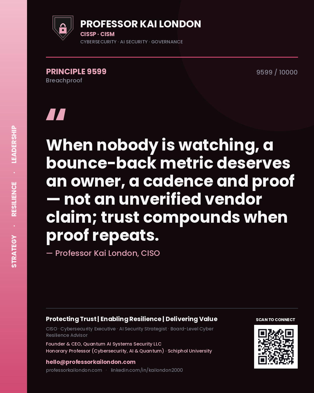 Professor Kai London principle 9599: When nobody is watching, a bounce-back metric deserves an owner, a cadence and proof — not an unverified vendor claim; trust compounds when proof repeats.