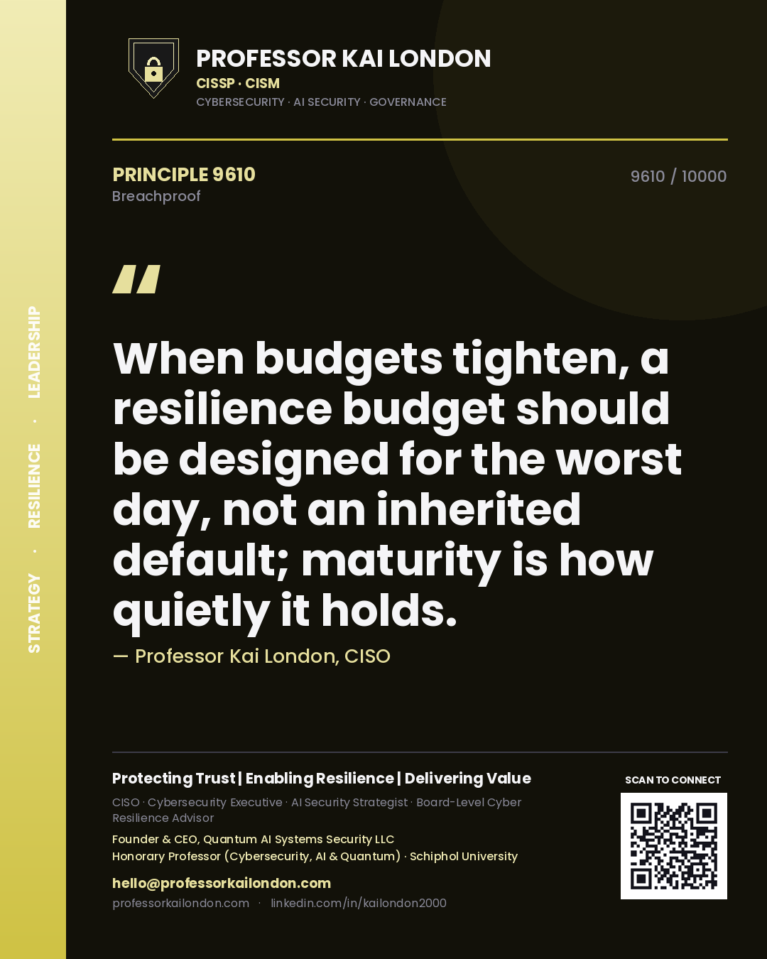 Professor Kai London principle 9610: When budgets tighten, a resilience budget should be designed for the worst day, not an inherited default; maturity is how quietly it holds.