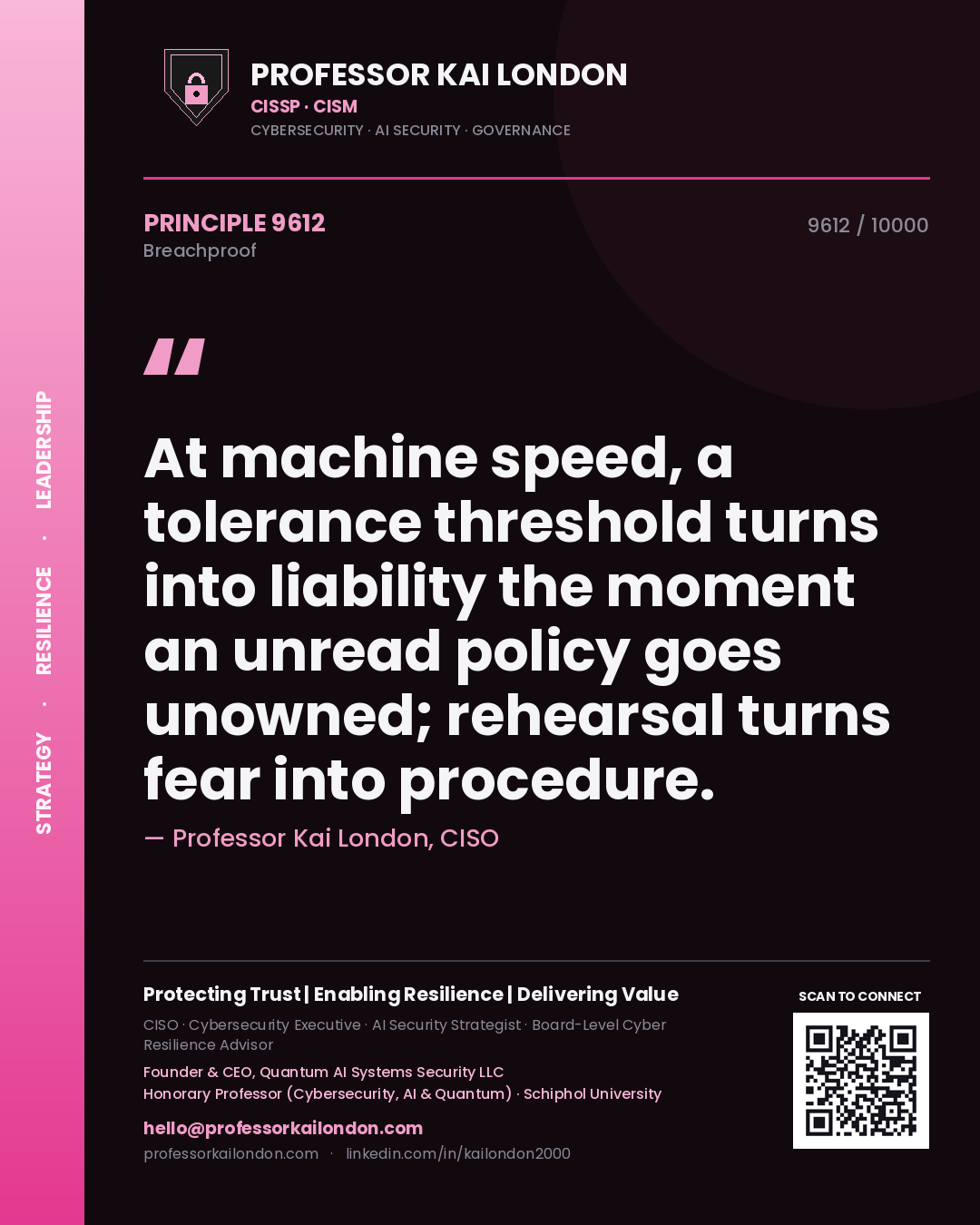 Professor Kai London principle 9612: At machine speed, a tolerance threshold turns into liability the moment an unread policy goes unowned; rehearsal turns fear into procedure.