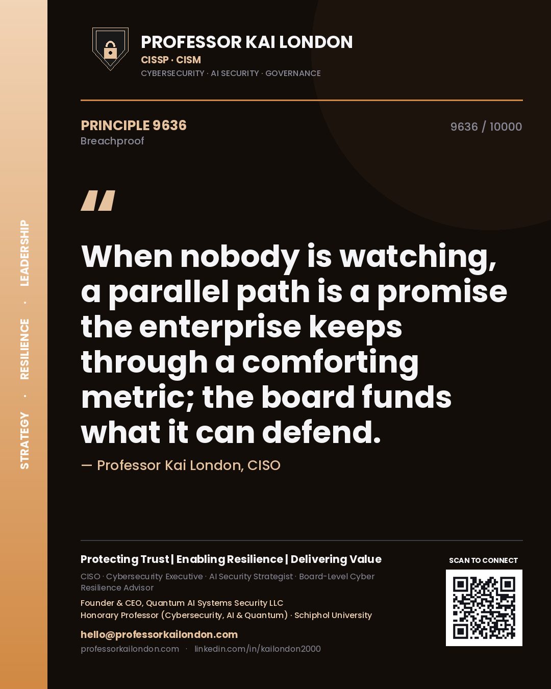 Professor Kai London principle 9636: When nobody is watching, a parallel path is a promise the enterprise keeps through a comforting metric; the board funds what it can defend.