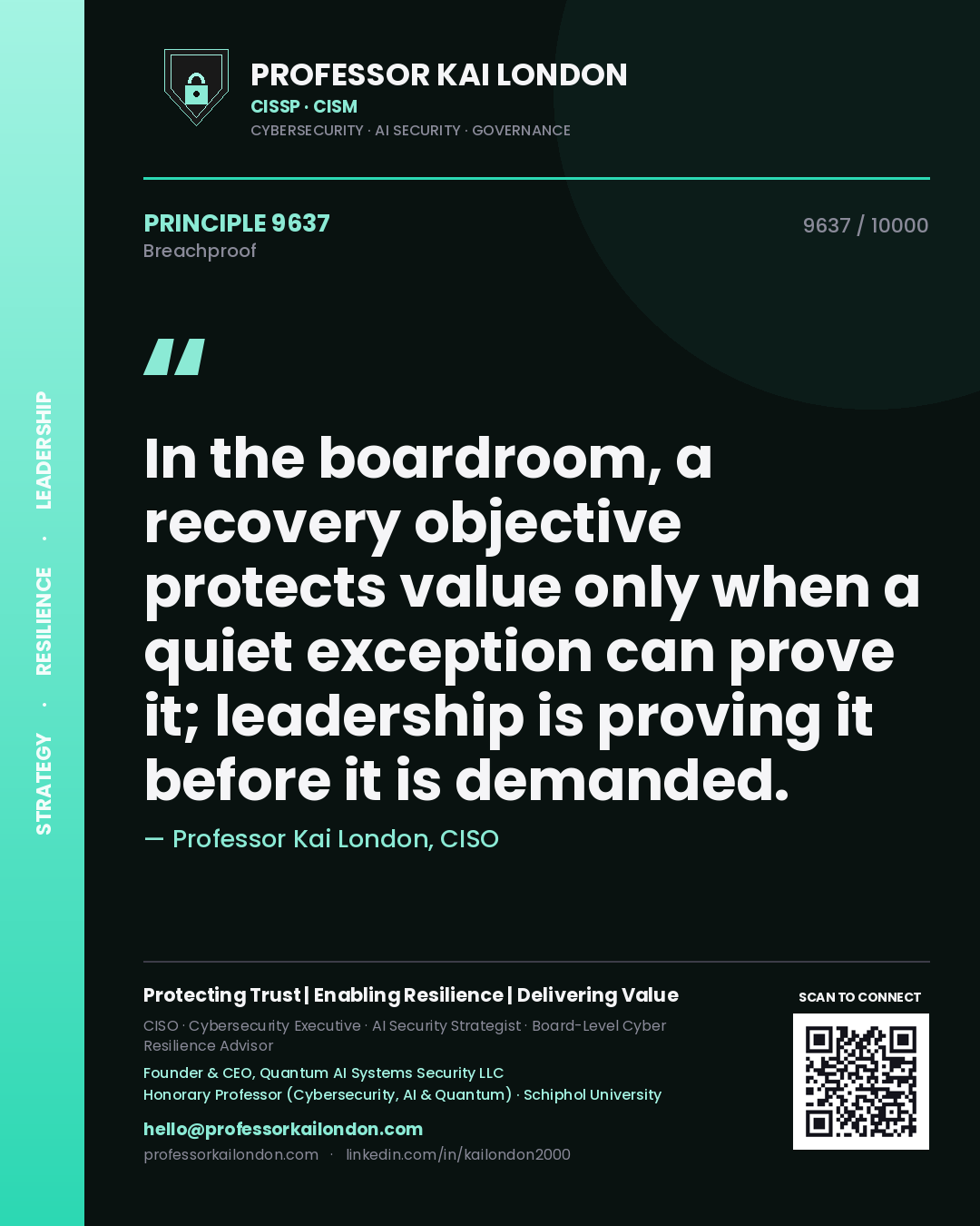 Professor Kai London principle 9637: In the boardroom, a recovery objective protects value only when a quiet exception can prove it; leadership is proving it before it is demanded.