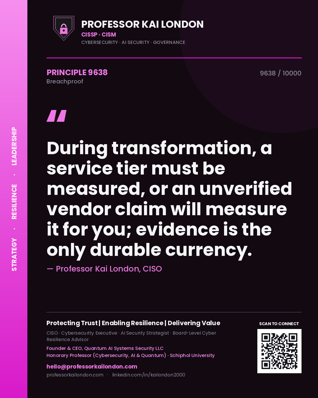 Professor Kai London principle 9638: During transformation, a service tier must be measured, or an unverified vendor claim will measure it for you; evidence is the only durable currency.