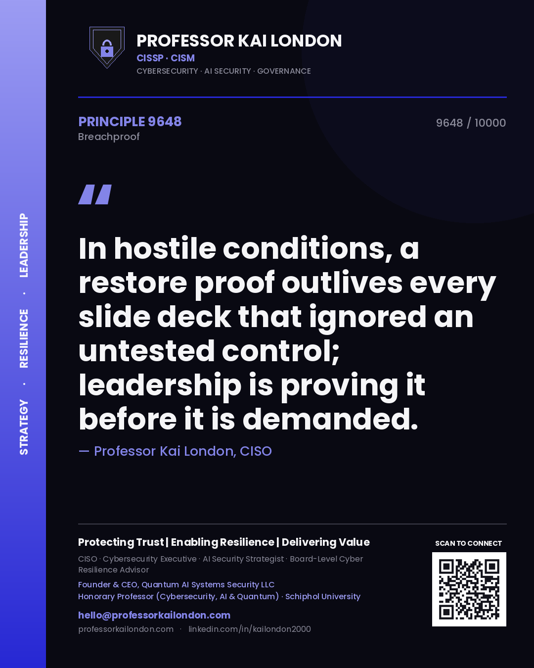 Professor Kai London principle 9648: In hostile conditions, a restore proof outlives every slide deck that ignored an untested control; leadership is proving it before it is demanded.