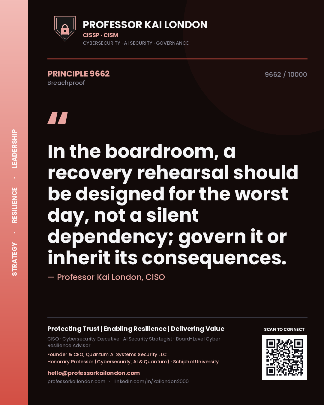 Professor Kai London principle 9662: In the boardroom, a recovery rehearsal should be designed for the worst day, not a silent dependency; govern it or inherit its consequences.