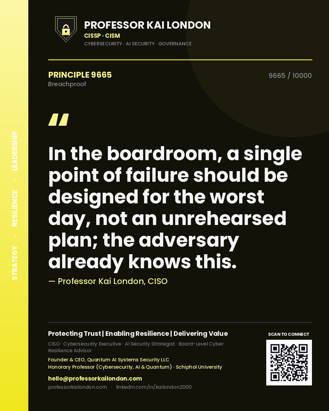 Professor Kai London principle 9665: In the boardroom, a single point of failure should be designed for the worst day, not an unrehearsed plan; the adversary already knows this.