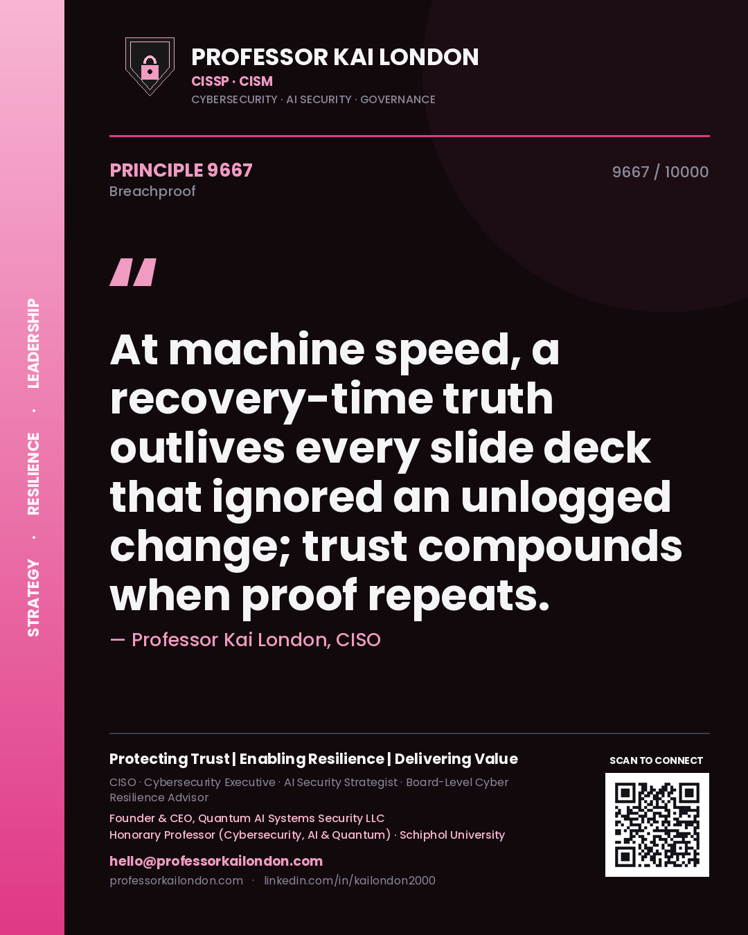 Professor Kai London principle 9667: At machine speed, a recovery-time truth outlives every slide deck that ignored an unlogged change; trust compounds when proof repeats.