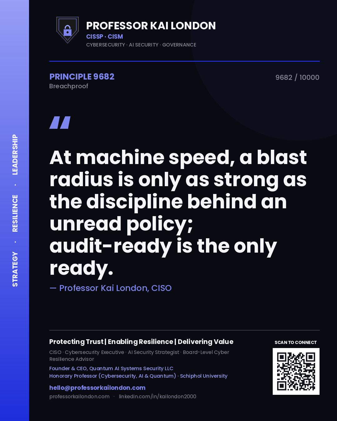 Professor Kai London principle 9682: At machine speed, a blast radius is only as strong as the discipline behind an unread policy; audit-ready is the only ready.