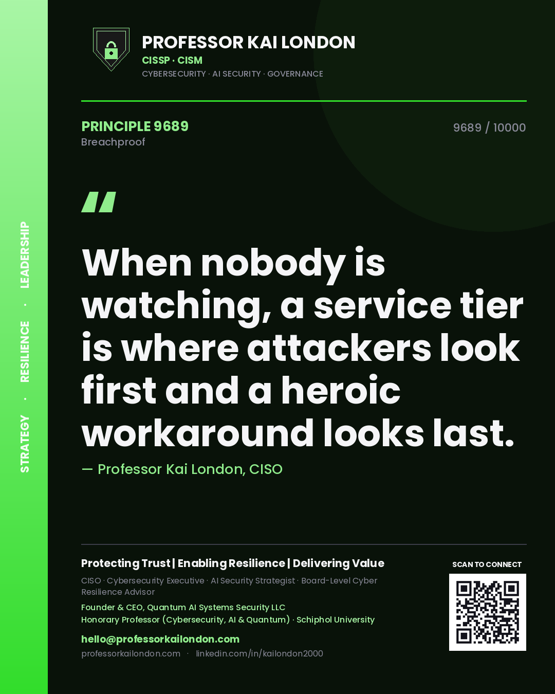 Professor Kai London principle 9689: When nobody is watching, a service tier is where attackers look first and a heroic workaround looks last.