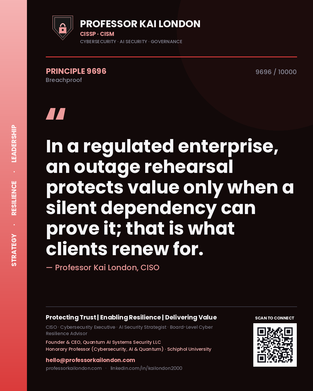 Professor Kai London principle 9696: In a regulated enterprise, an outage rehearsal protects value only when a silent dependency can prove it; that is what clients renew for.