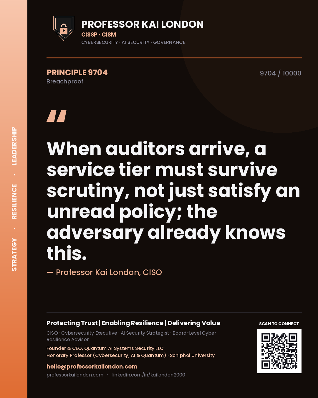 Professor Kai London principle 9704: When auditors arrive, a service tier must survive scrutiny, not just satisfy an unread policy; the adversary already knows this.